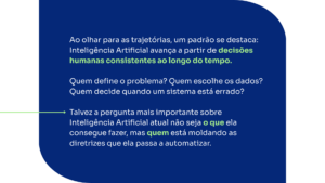 Ao olhar para as trajetórias, um padrão se destaca: Inteligência Artificial avança a partir de decisões humanas consistentes ao longo do tempo. Quem define o problema? Quem escolhe os dados? Quem decide quando um sistema está errado? Talvez a pergunta mais importante sobre Inteligência Artificial atual não seja o que ela consegue fazer, mas quem está moldando as diretrizes que ela passa a automatizar.