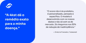 "A 4kst dá o remédio exato para a minha doença." "O score não é de prateleira, é personalizado, pensado e específico. O modelo é desenvolvido com os nossos dados e não só com os de mercado. Já chegamos nos 30% de redução de inadimplência." — Diretoria Financeira | Todescredi
